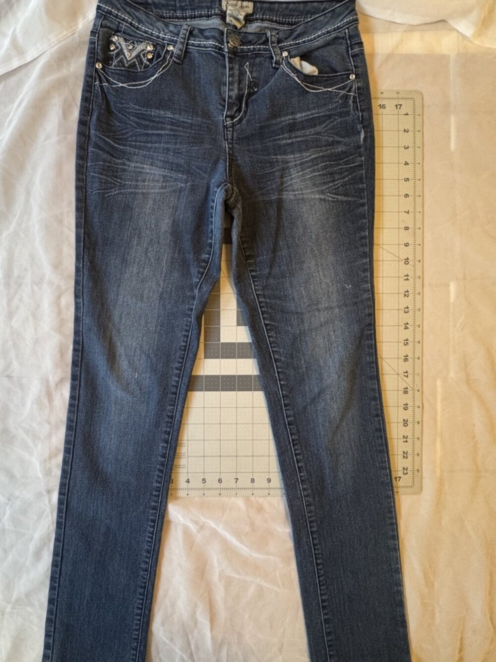Earl Jean Blue Stretch Denim Jeans Rhinestone Pockets Size 10